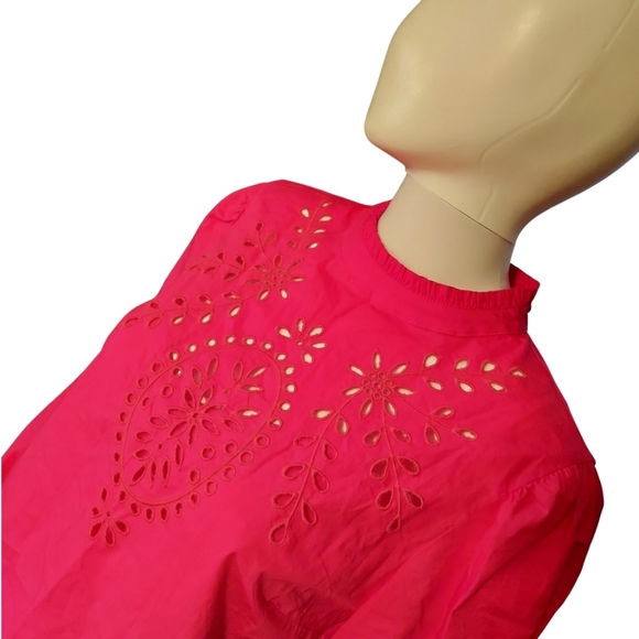 J.Crew Mock Neck Embroidered Eyelet Cotton Poplin Top In Fuschia Blossom - Picture 3 of 16
